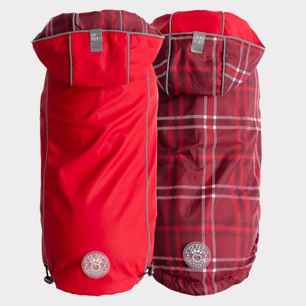 GFpet Fully Reversible Dog Raincoat with hood - solid Red & Plaid - SMALL